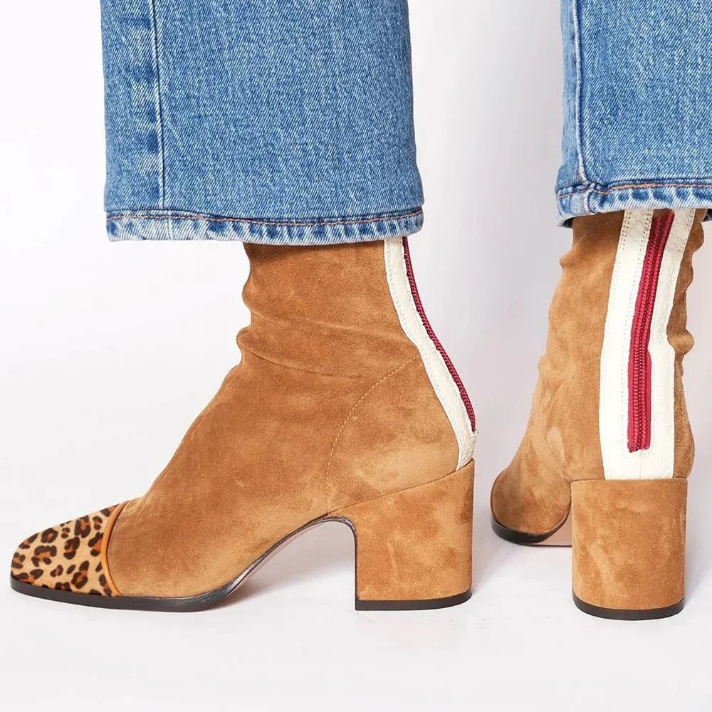 Women'S Shoes Yellow - Patchwork Suede Leopard Square Toe Ankle